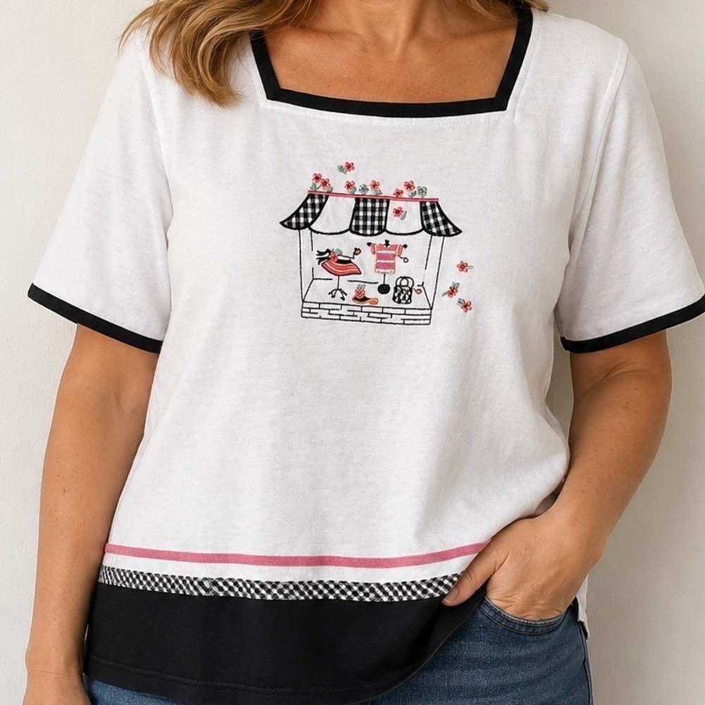 Vintage Cottagecore Embroidered Top XL Square Neck Gingham Whimsical Coastal